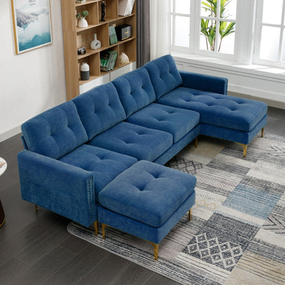 Convertible L-Shaped Velvet Sectional Sofa with Movable Ottoman and Gold Metal Legs for Living Room