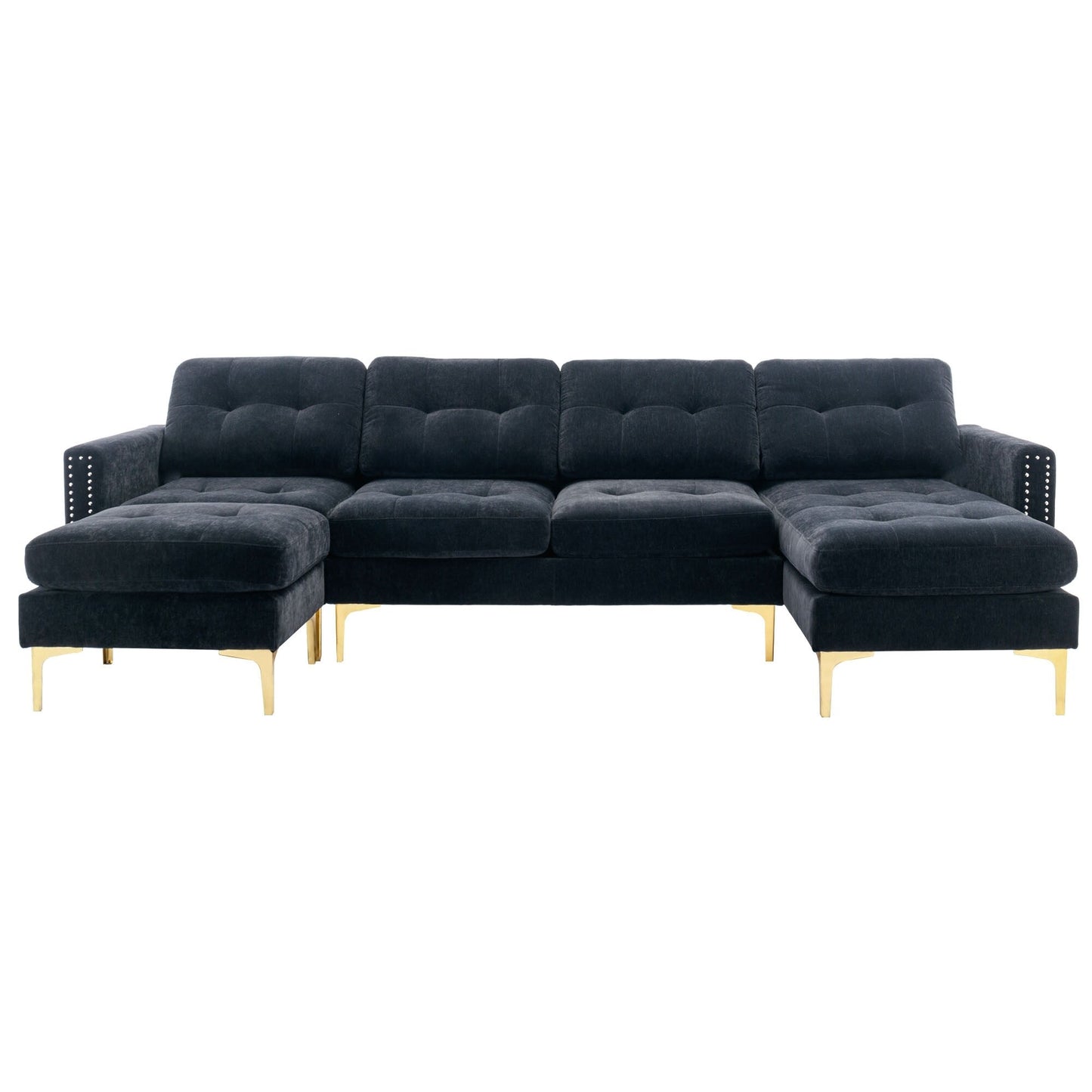 Convertible L-Shaped Velvet Sectional Sofa with Movable Ottoman and Gold Metal Legs for Living Room