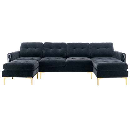 Convertible L-Shaped Velvet Sectional Sofa with Movable Ottoman and Gold Metal Legs for Living Room