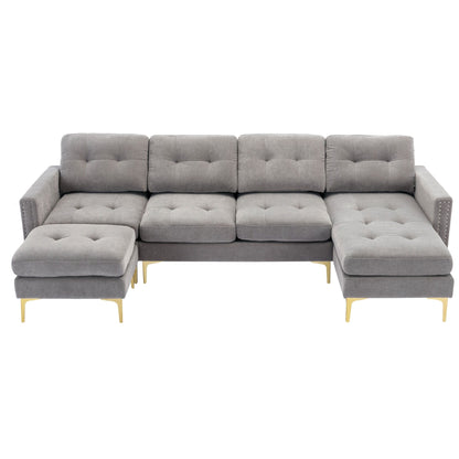 Convertible L-Shaped Velvet Sectional Sofa with Movable Ottoman and Gold Metal Legs for Living Room
