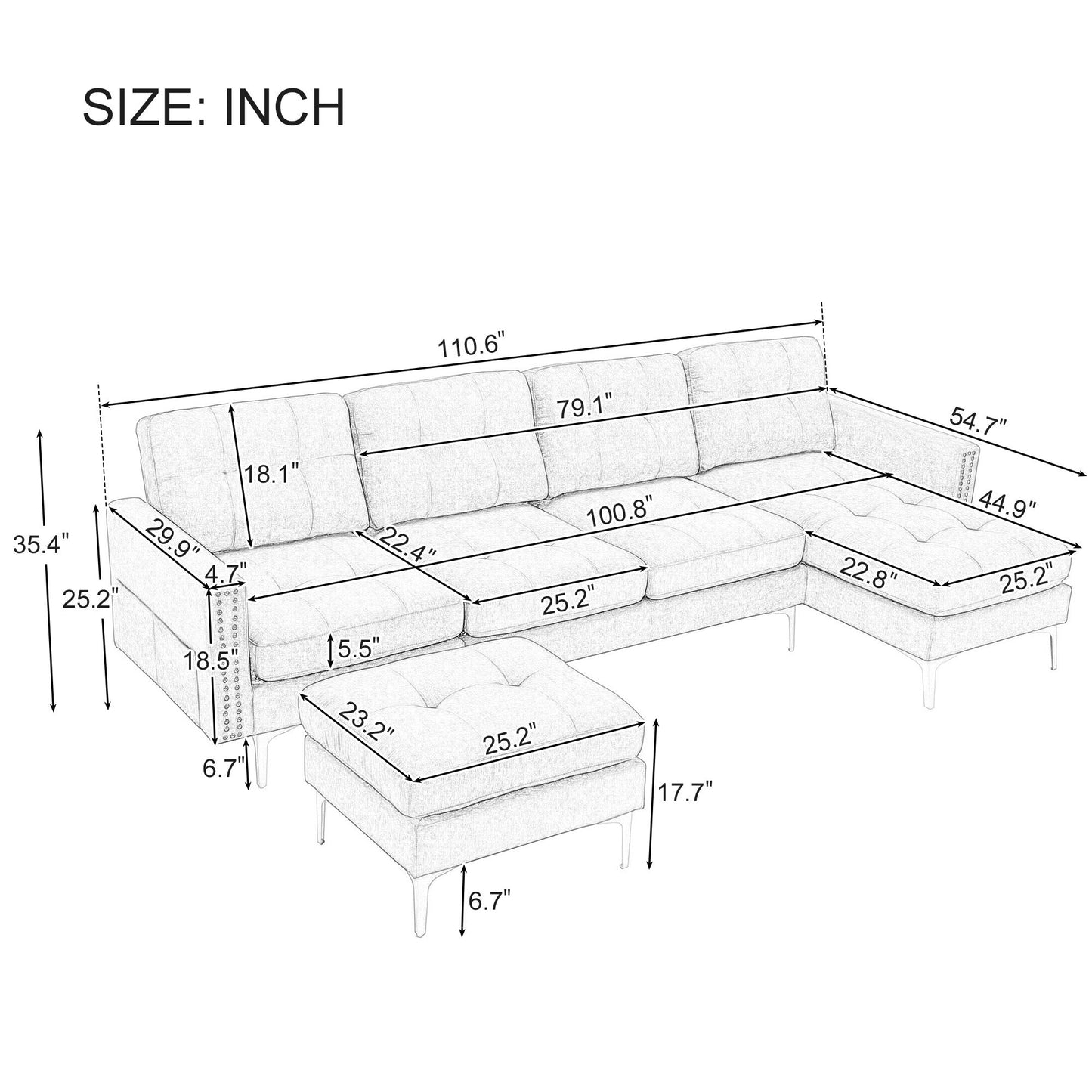 Convertible L-Shaped Velvet Sectional Sofa with Movable Ottoman and Gold Metal Legs for Living Room