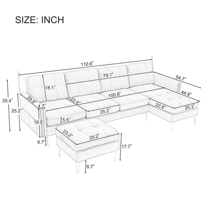 Convertible L-Shaped Velvet Sectional Sofa with Movable Ottoman and Gold Metal Legs for Living Room