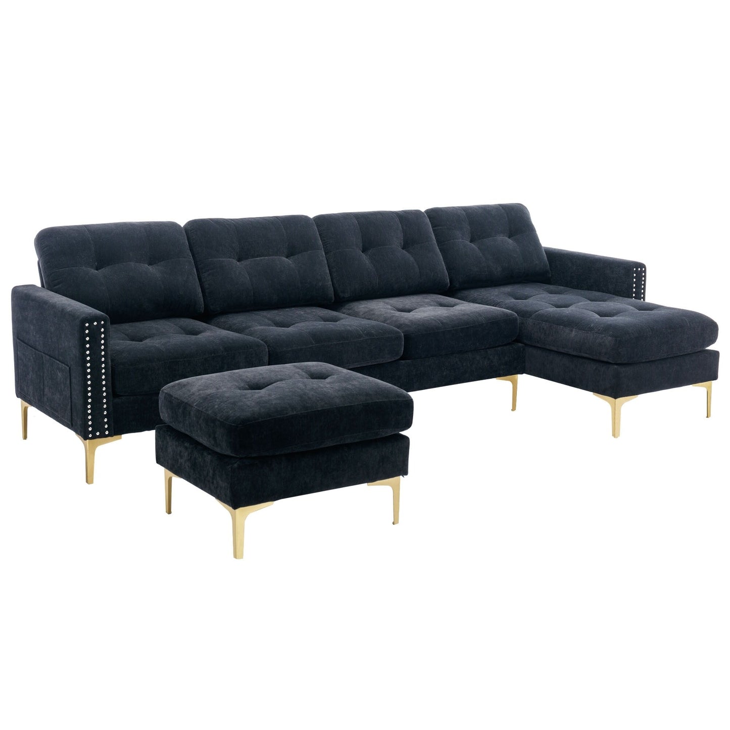 Convertible L-Shaped Velvet Sectional Sofa with Movable Ottoman and Gold Metal Legs for Living Room