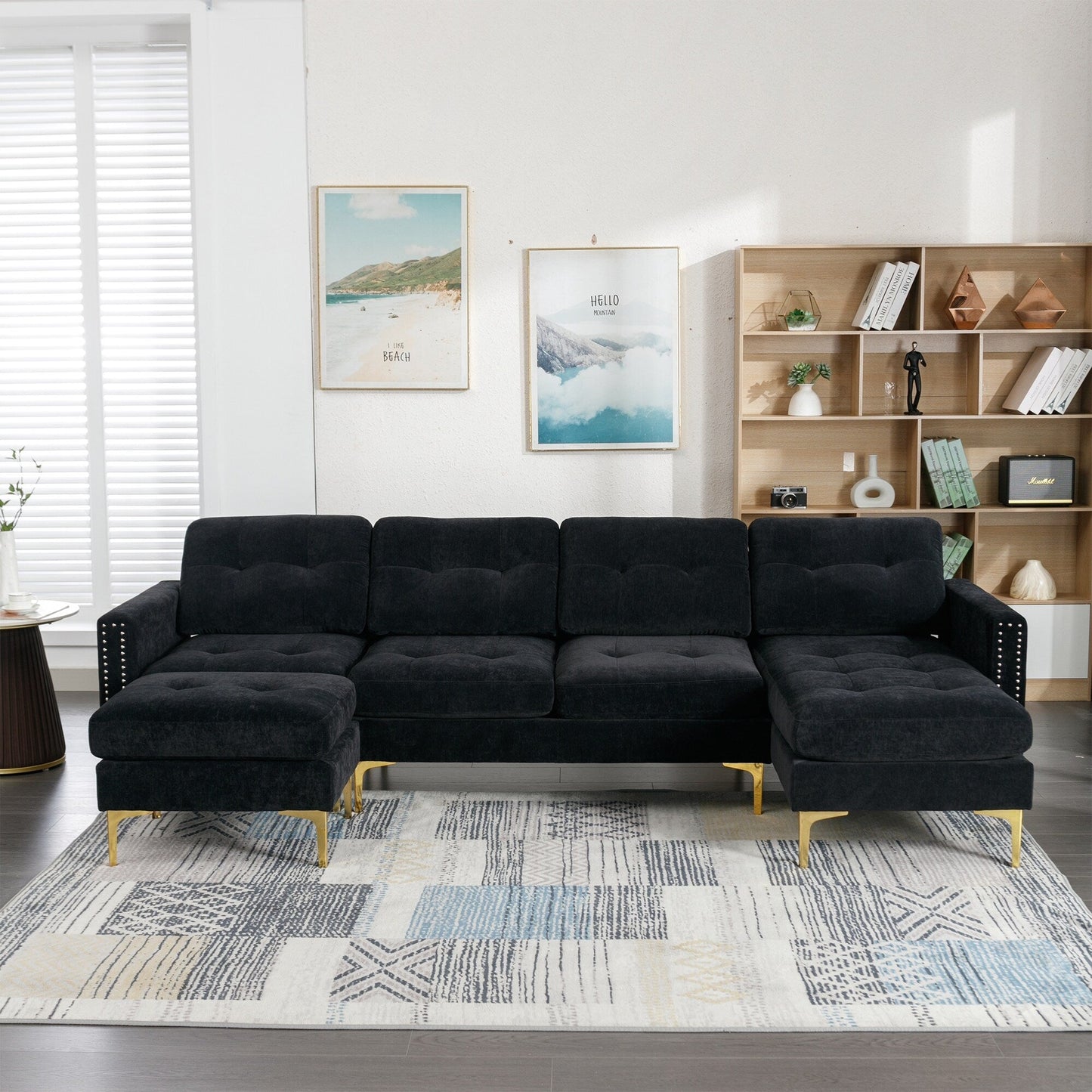 Convertible L-Shaped Velvet Sectional Sofa with Movable Ottoman and Gold Metal Legs for Living Room