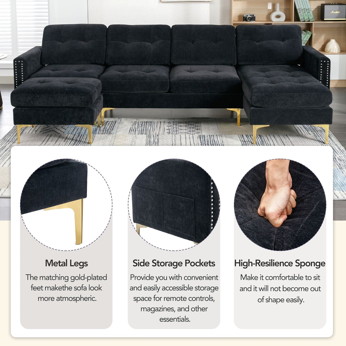 Convertible L-Shaped Velvet Sectional Sofa with Movable Ottoman and Gold Metal Legs for Living Room
