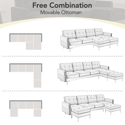 Convertible L-Shaped Velvet Sectional Sofa with Movable Ottoman and Gold Metal Legs for Living Room