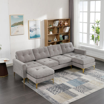 Convertible L-Shaped Velvet Sectional Sofa with Movable Ottoman and Gold Metal Legs for Living Room