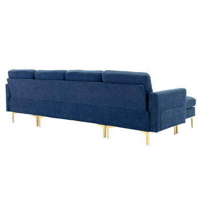 Convertible L-Shaped Velvet Sectional Sofa with Movable Ottoman and Gold Metal Legs for Living Room
