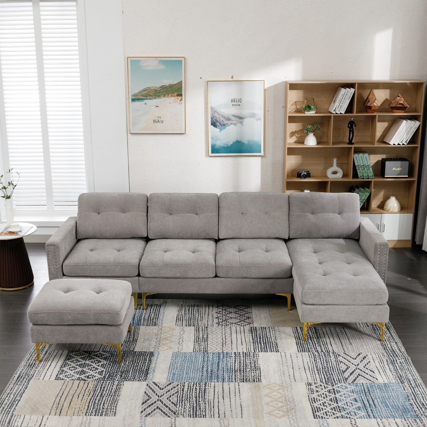 Convertible L-Shaped Velvet Sectional Sofa with Movable Ottoman and Gold Metal Legs for Living Room