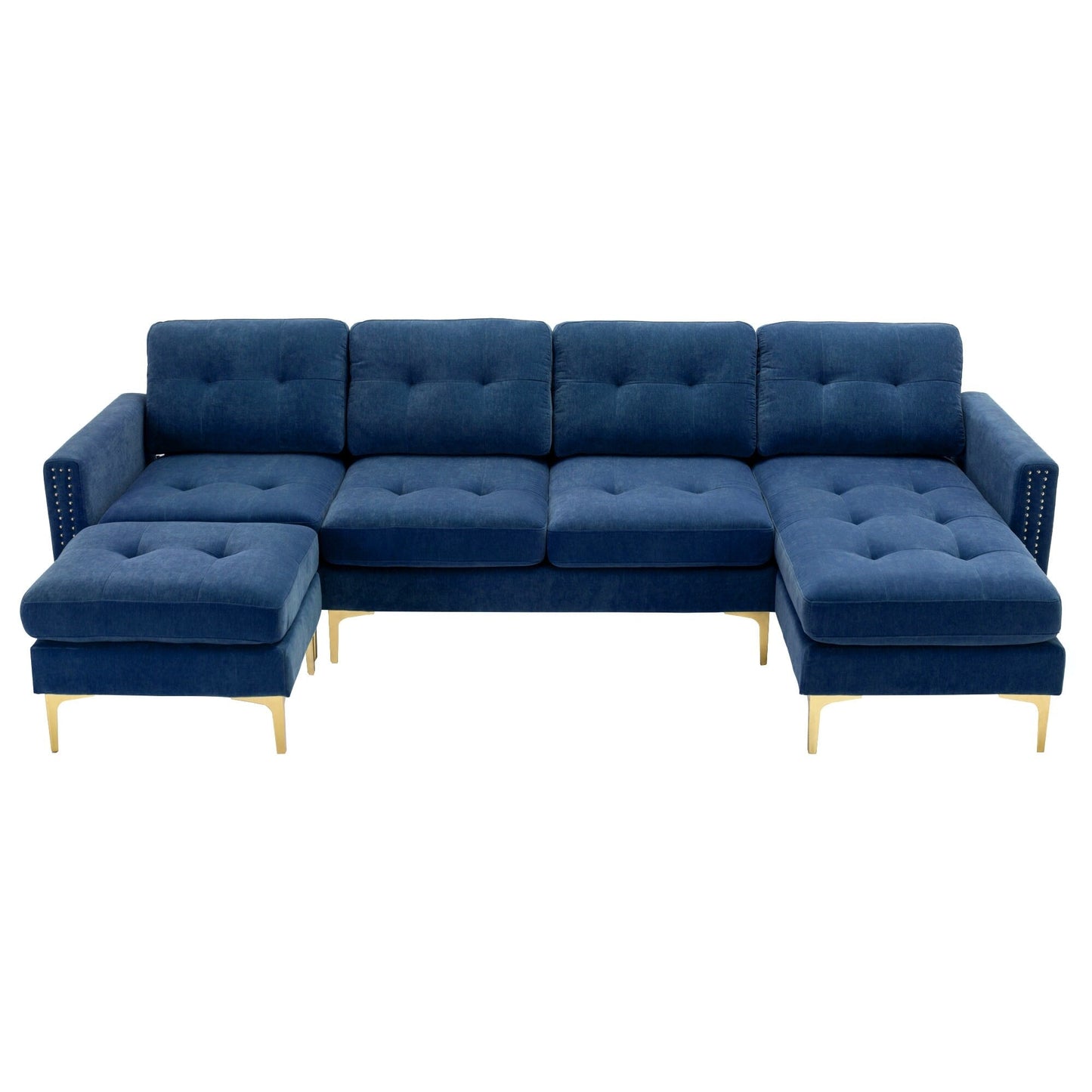 Convertible L-Shaped Velvet Sectional Sofa with Movable Ottoman and Gold Metal Legs for Living Room