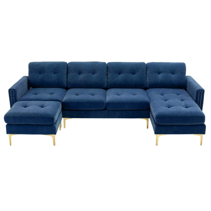 Convertible L-Shaped Velvet Sectional Sofa with Movable Ottoman and Gold Metal Legs for Living Room