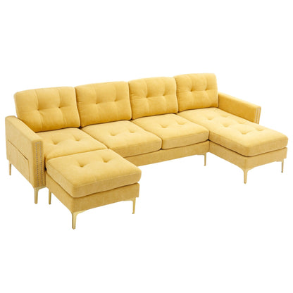 Convertible L-Shaped Velvet Sectional Sofa with Movable Ottoman and Gold Metal Legs for Living Room