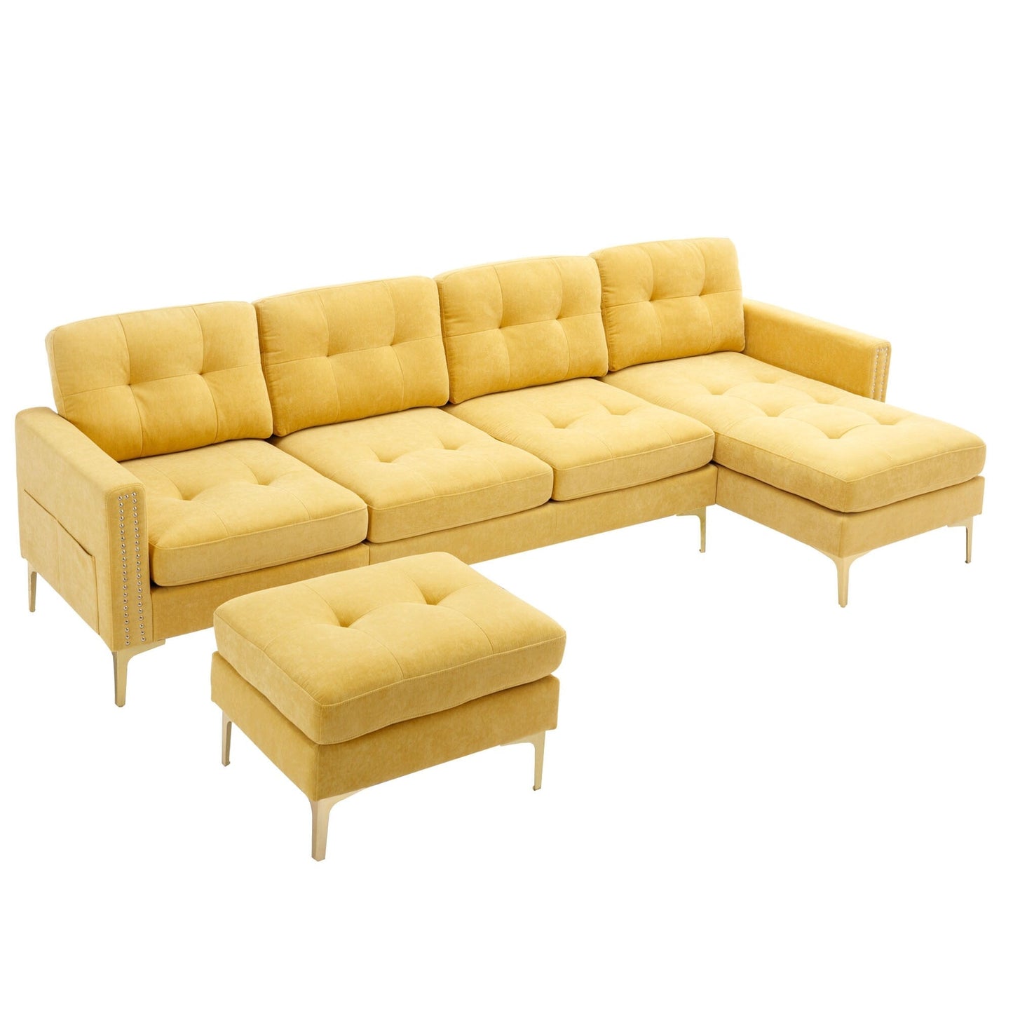 Convertible L-Shaped Velvet Sectional Sofa with Movable Ottoman and Gold Metal Legs for Living Room
