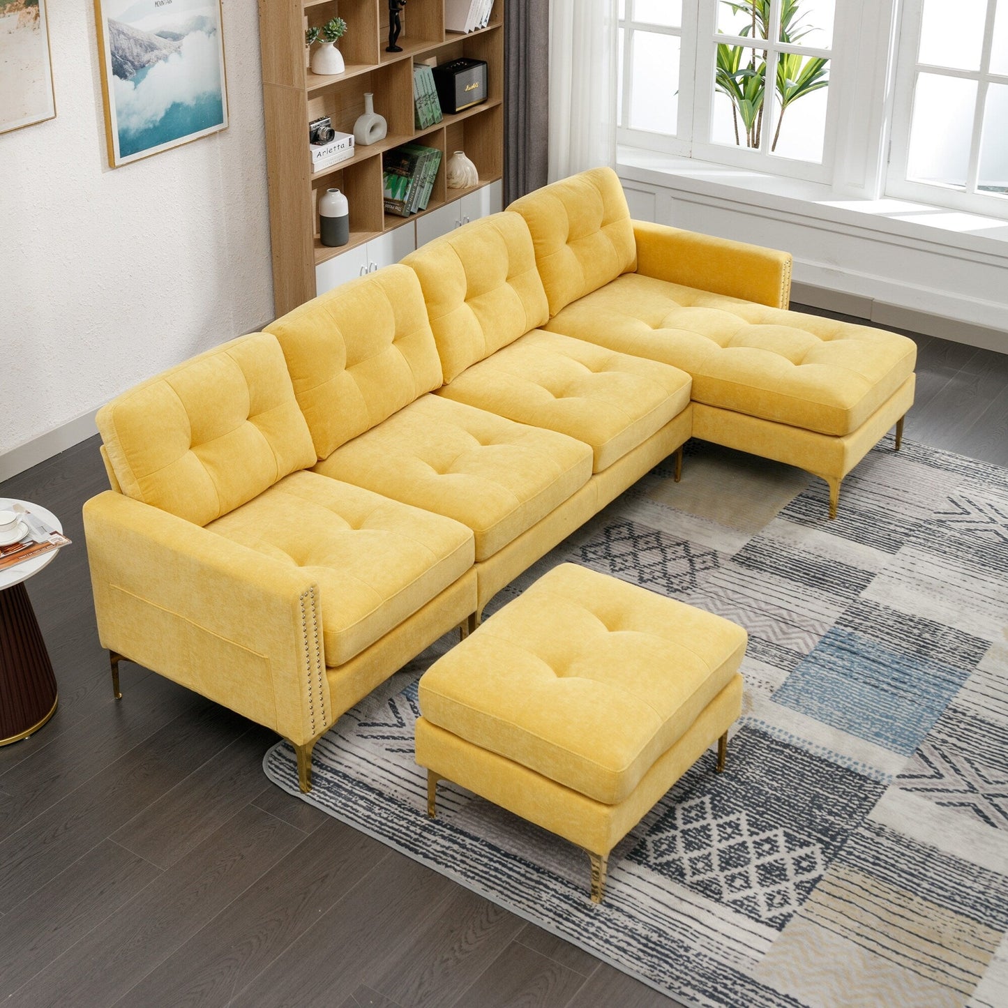 Convertible L-Shaped Velvet Sectional Sofa with Movable Ottoman and Gold Metal Legs for Living Room