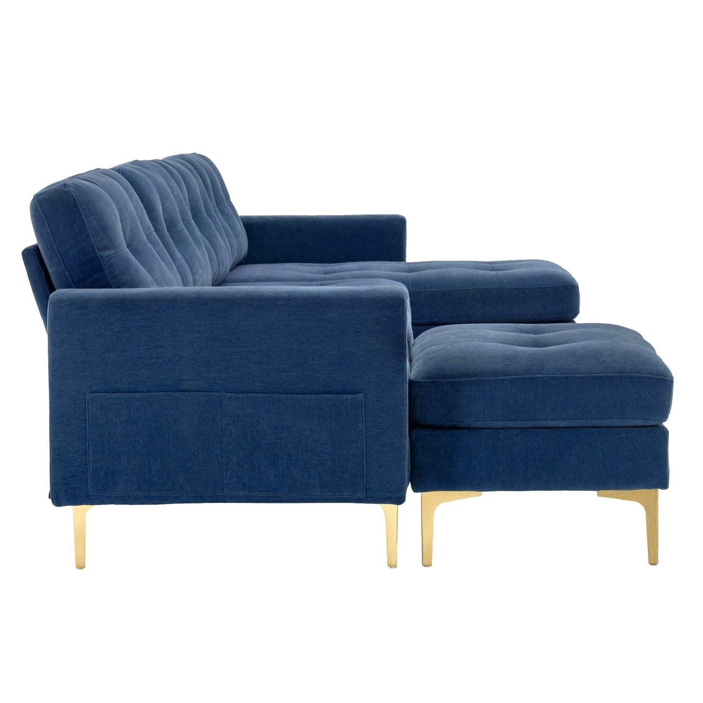Convertible L-Shaped Velvet Sectional Sofa with Movable Ottoman and Gold Metal Legs for Living Room