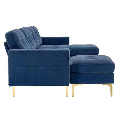 Convertible L-Shaped Velvet Sectional Sofa with Movable Ottoman and Gold Metal Legs for Living Room