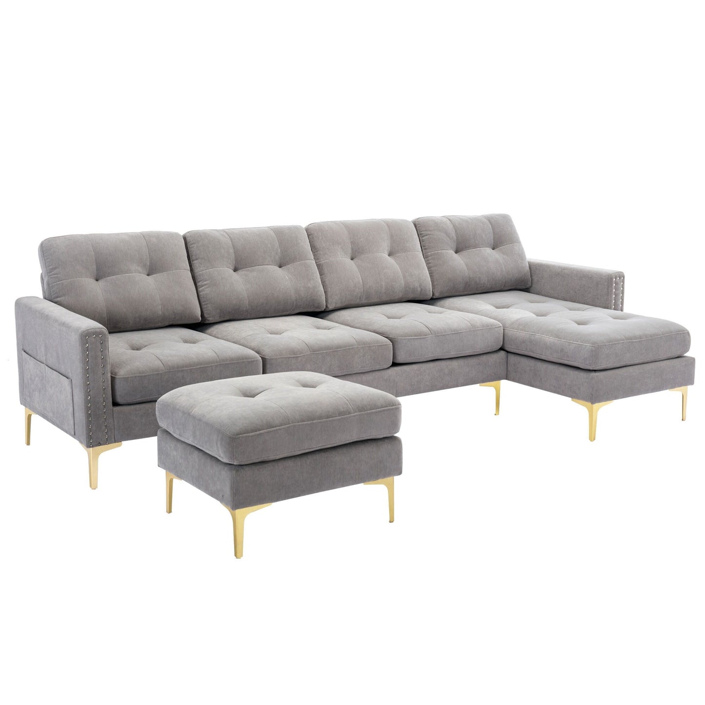 Convertible L-Shaped Velvet Sectional Sofa with Movable Ottoman and Gold Metal Legs for Living Room