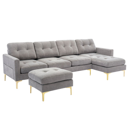 Convertible L-Shaped Velvet Sectional Sofa with Movable Ottoman and Gold Metal Legs for Living Room
