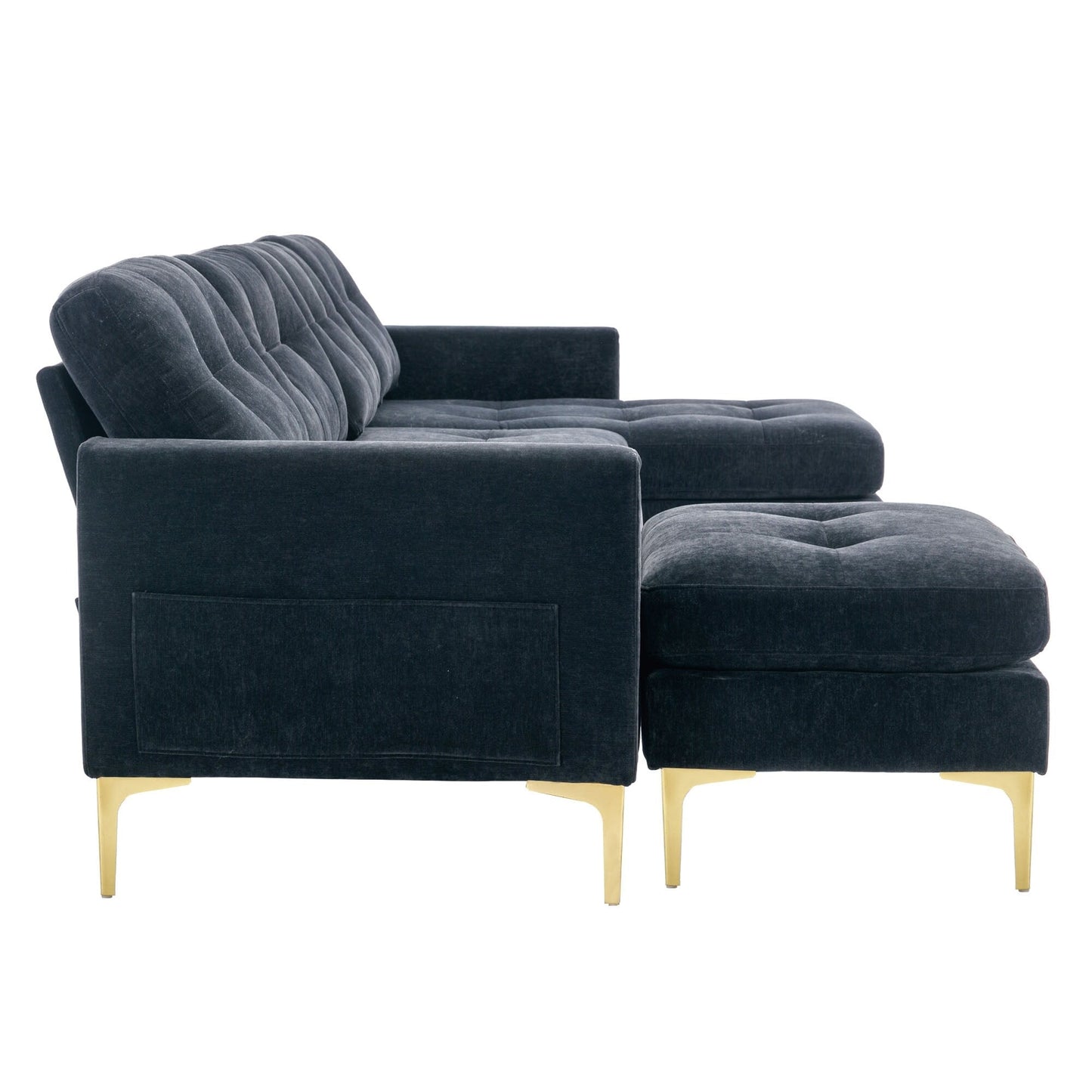 Convertible L-Shaped Velvet Sectional Sofa with Movable Ottoman and Gold Metal Legs for Living Room