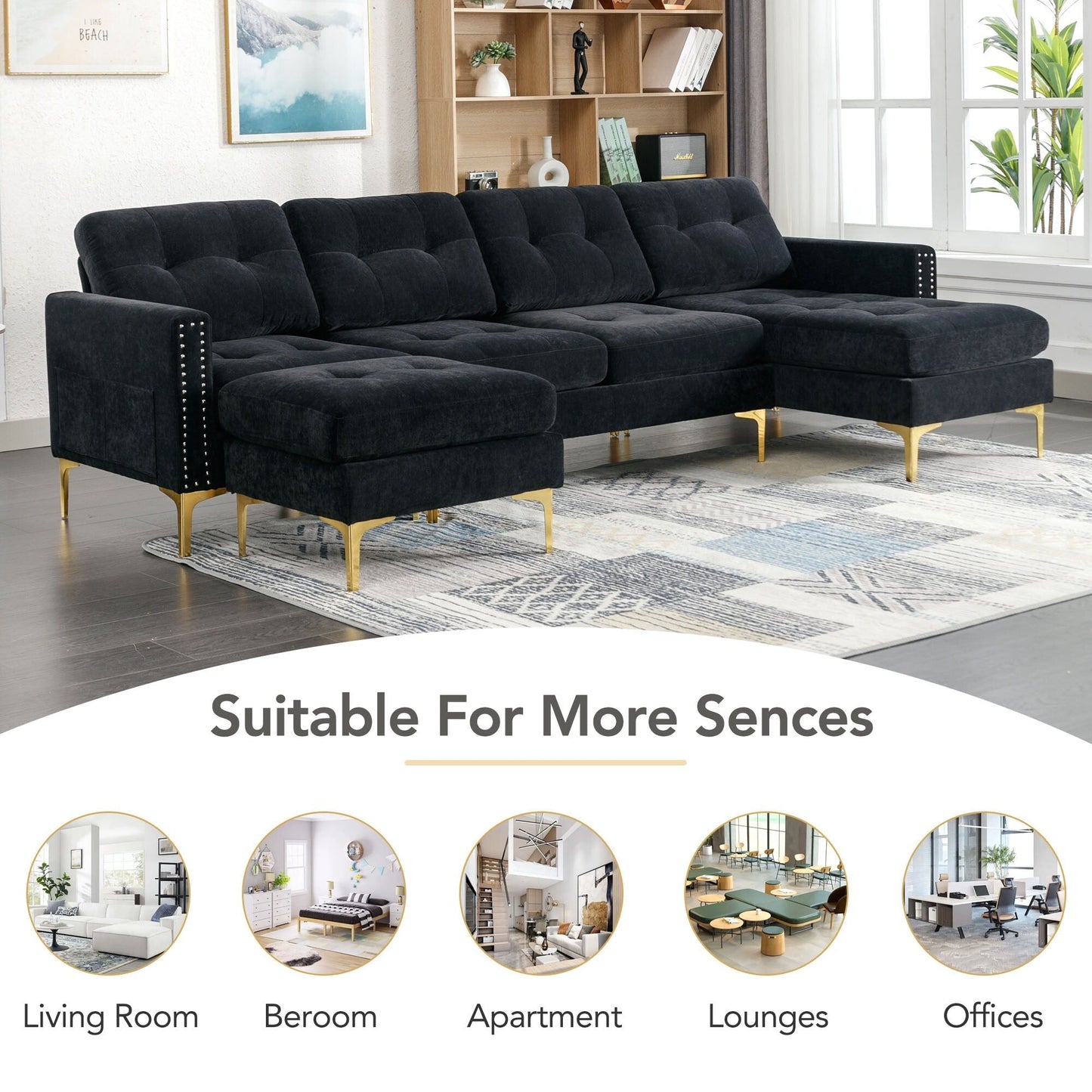 Convertible L-Shaped Velvet Sectional Sofa with Movable Ottoman and Gold Metal Legs for Living Room