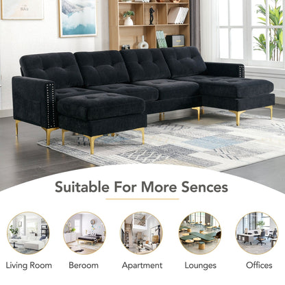 Convertible L-Shaped Velvet Sectional Sofa with Movable Ottoman and Gold Metal Legs for Living Room