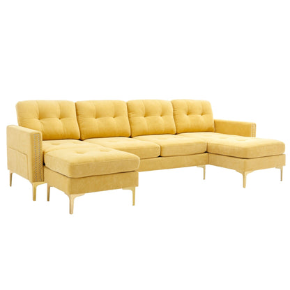 Convertible L-Shaped Velvet Sectional Sofa with Movable Ottoman and Gold Metal Legs for Living Room