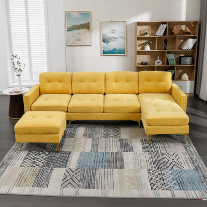 Convertible L-Shaped Velvet Sectional Sofa with Movable Ottoman and Gold Metal Legs for Living Room