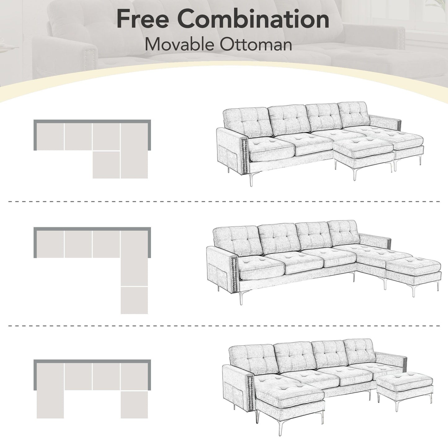 Convertible L-Shaped Velvet Sectional Sofa with Movable Ottoman and Gold Metal Legs for Living Room