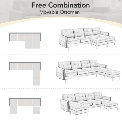 Convertible L-Shaped Velvet Sectional Sofa with Movable Ottoman and Gold Metal Legs for Living Room