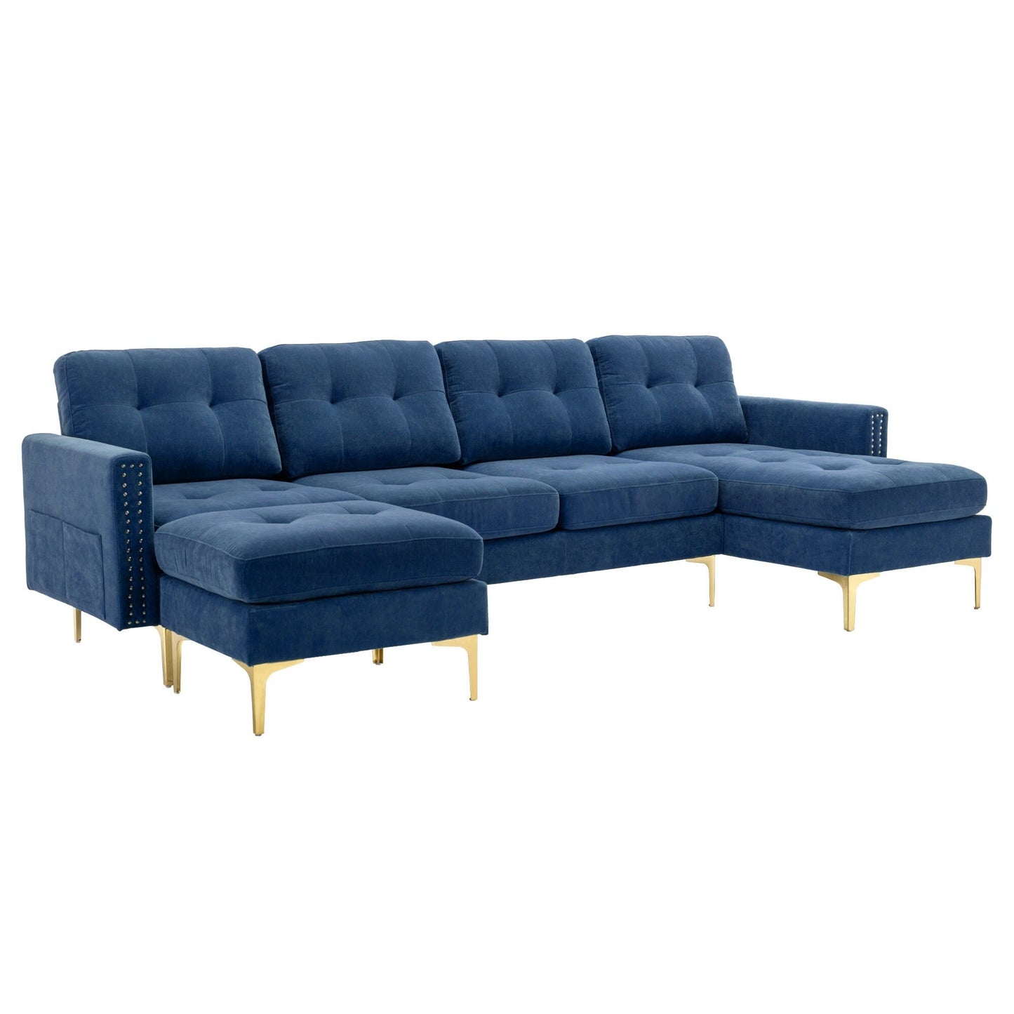Convertible L-Shaped Velvet Sectional Sofa with Movable Ottoman and Gold Metal Legs for Living Room