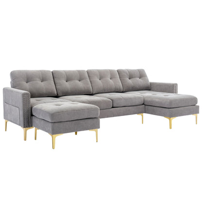 Convertible L-Shaped Velvet Sectional Sofa with Movable Ottoman and Gold Metal Legs for Living Room