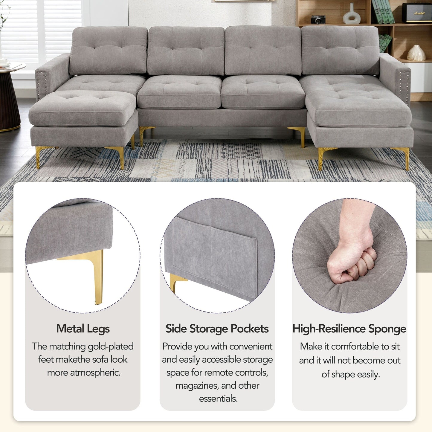 Convertible L-Shaped Velvet Sectional Sofa with Movable Ottoman and Gold Metal Legs for Living Room
