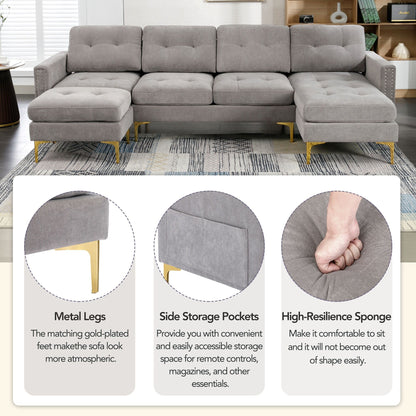 Convertible L-Shaped Velvet Sectional Sofa with Movable Ottoman and Gold Metal Legs for Living Room