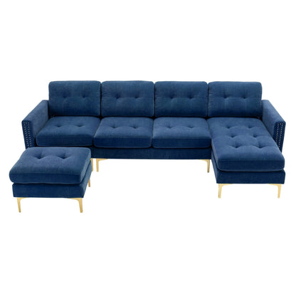 Convertible L-Shaped Velvet Sectional Sofa with Movable Ottoman and Gold Metal Legs for Living Room