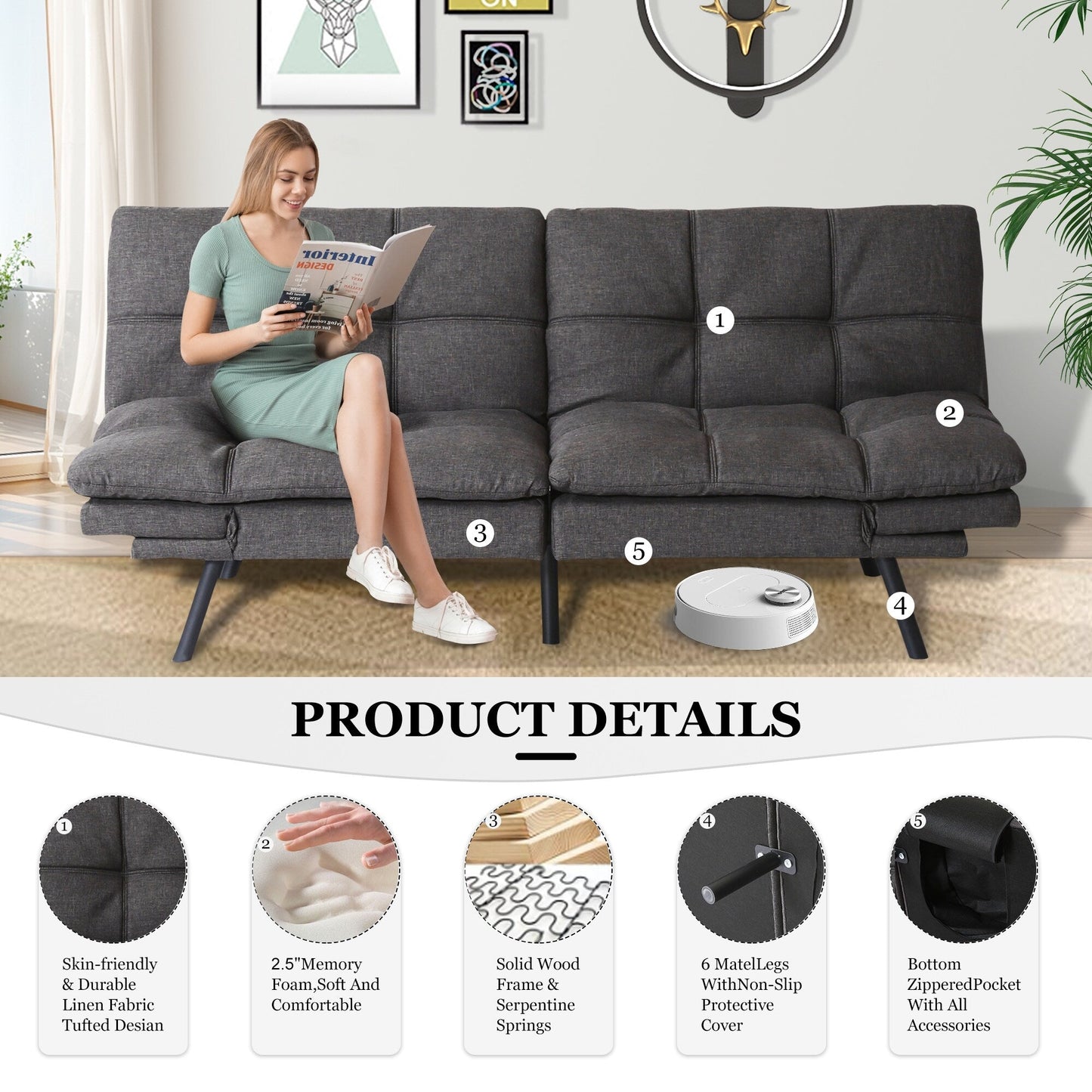 Convertible Loveseat Sofa Bed with Adjustable Armrests