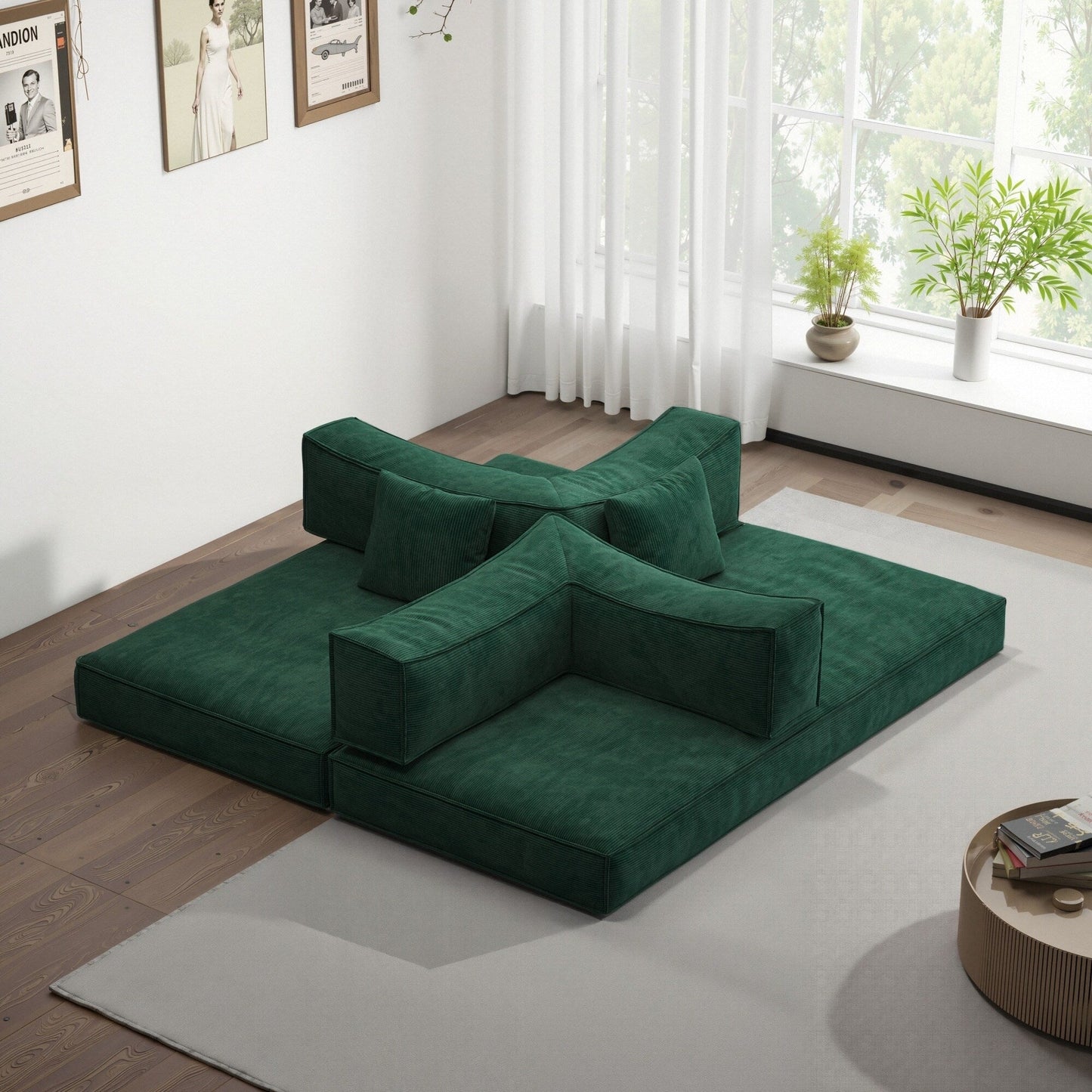 Convertible Pudding Block Sofa, Floor-Standing Sofa Bed with Armrests
