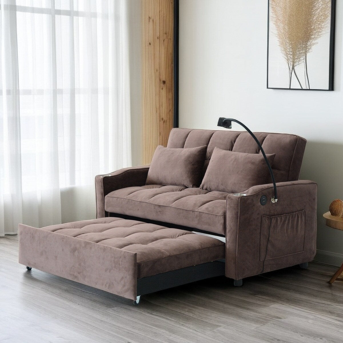 Convertible Pullout Loveseat Sofa Bed with Phone Holder