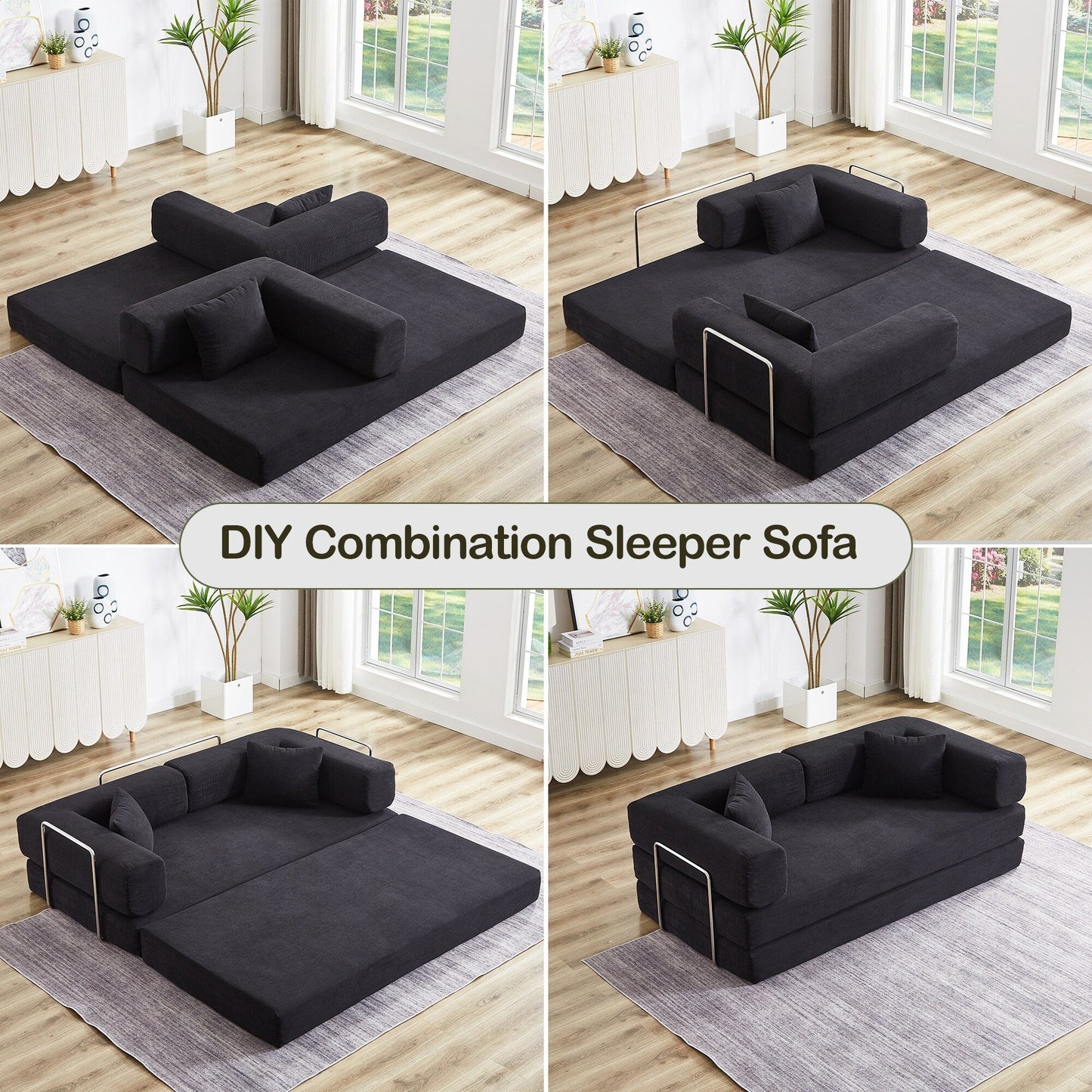Convertible Sleeper Sofa Bed with Pillow, 4-in-1 Corduroy Folding Mattress Couch with Fixed-Shape Frame