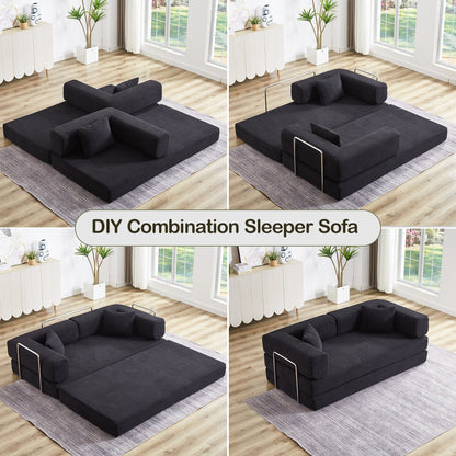 Convertible Sleeper Sofa Bed with Pillow, 4-in-1 Corduroy Folding Mattress Couch with Fixed-Shape Frame