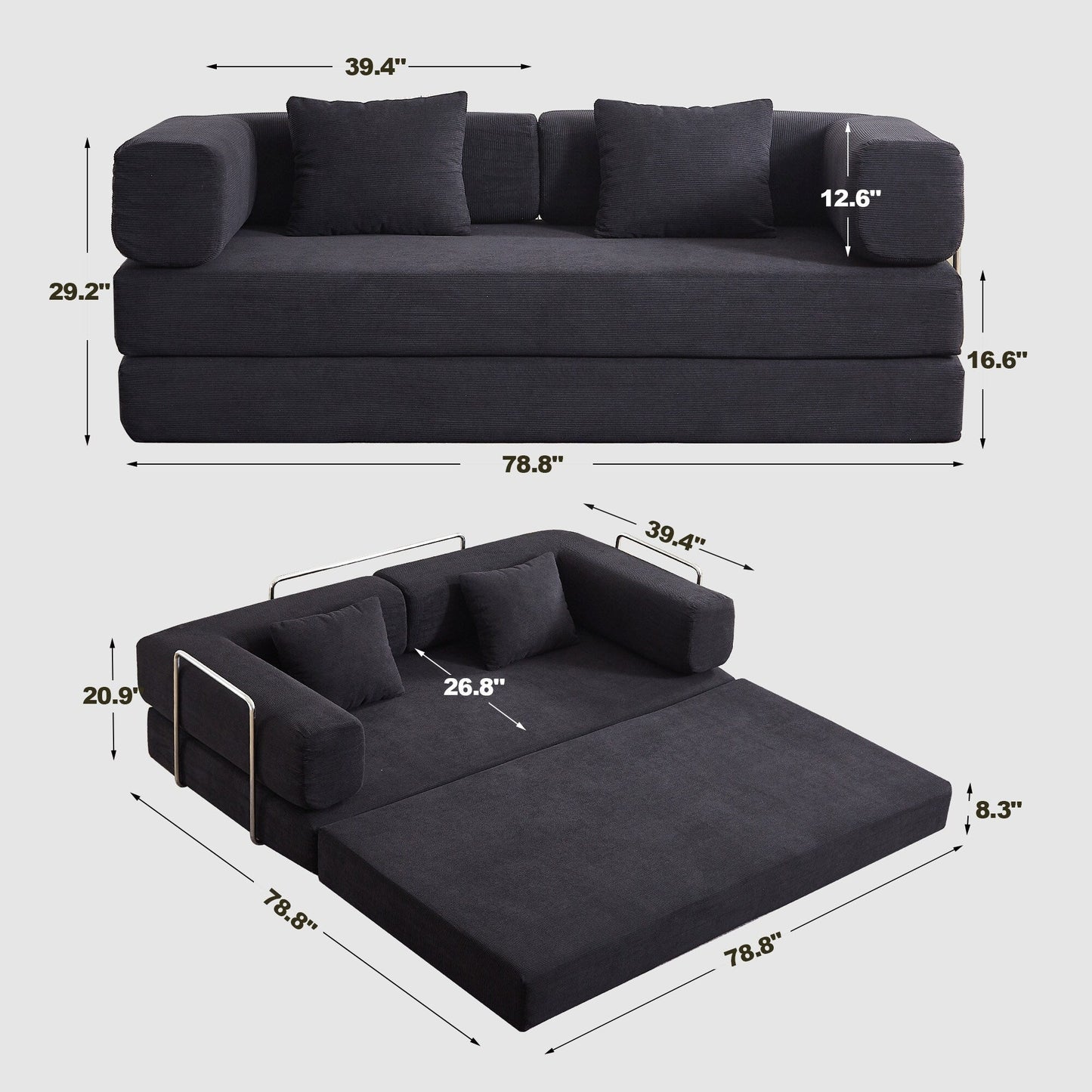 Convertible Sleeper Sofa Bed with Pillow, 4-in-1 Corduroy Folding Mattress Couch with Fixed-Shape Frame