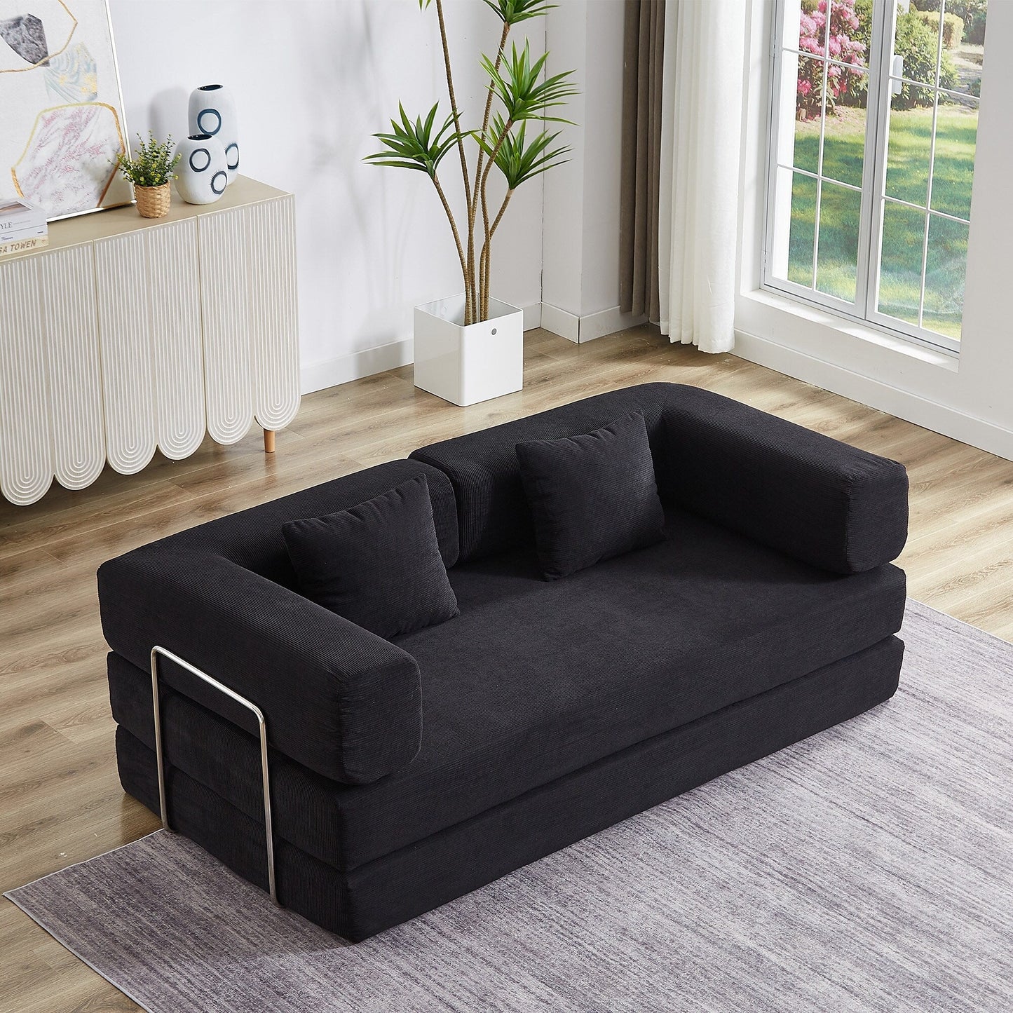 Convertible Sleeper Sofa Bed with Pillow, 4-in-1 Corduroy Folding Mattress Couch with Fixed-Shape Frame