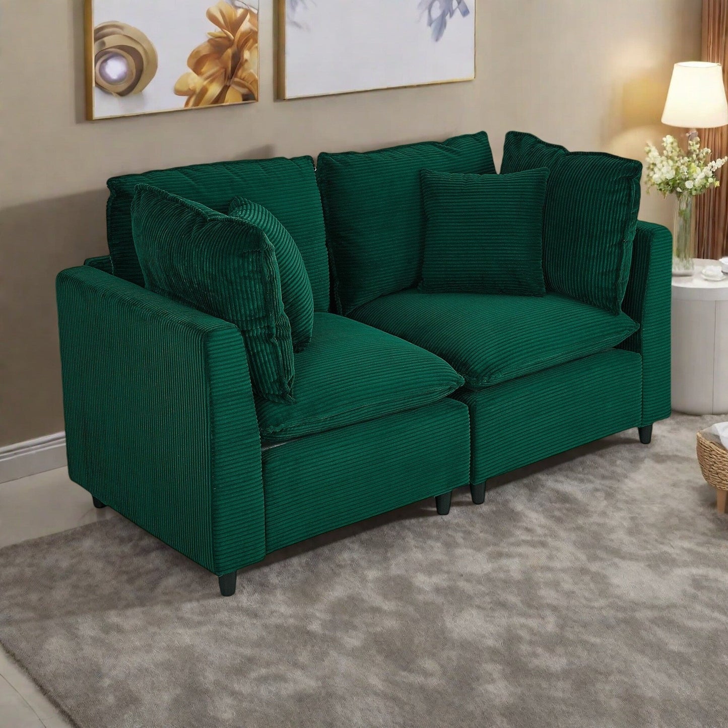 Corduroy 2-Seater Sofa with 4 Small Pillows,Breathable Fabric, Thick Sponge Cushions
