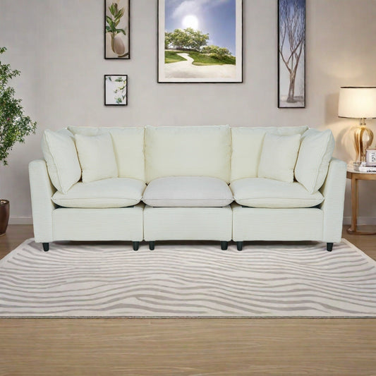 Corduroy 3-Seater Sofa with 4 Small Pillows,Breathable Fabric, Thick Sponge Cushions