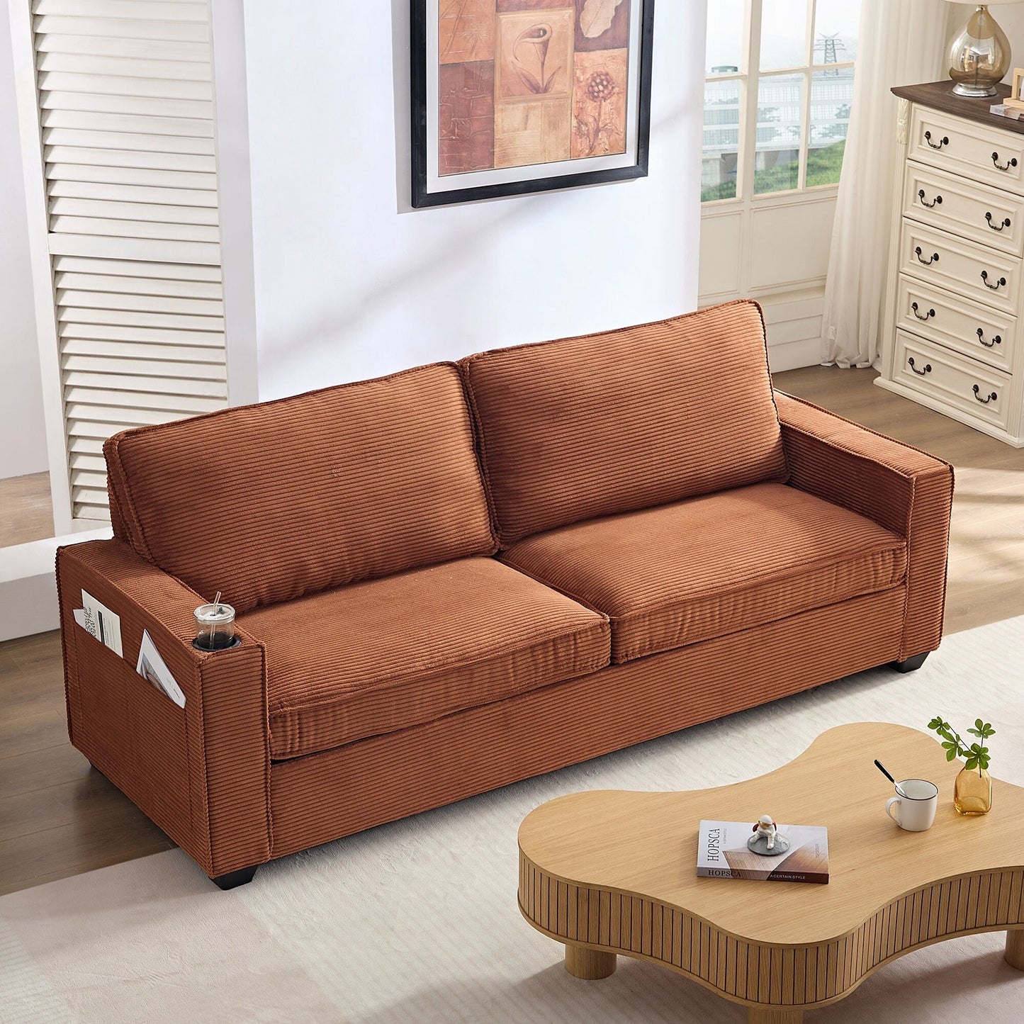 Corduroy 3-seater Sofa with Cup Holder and Storage
