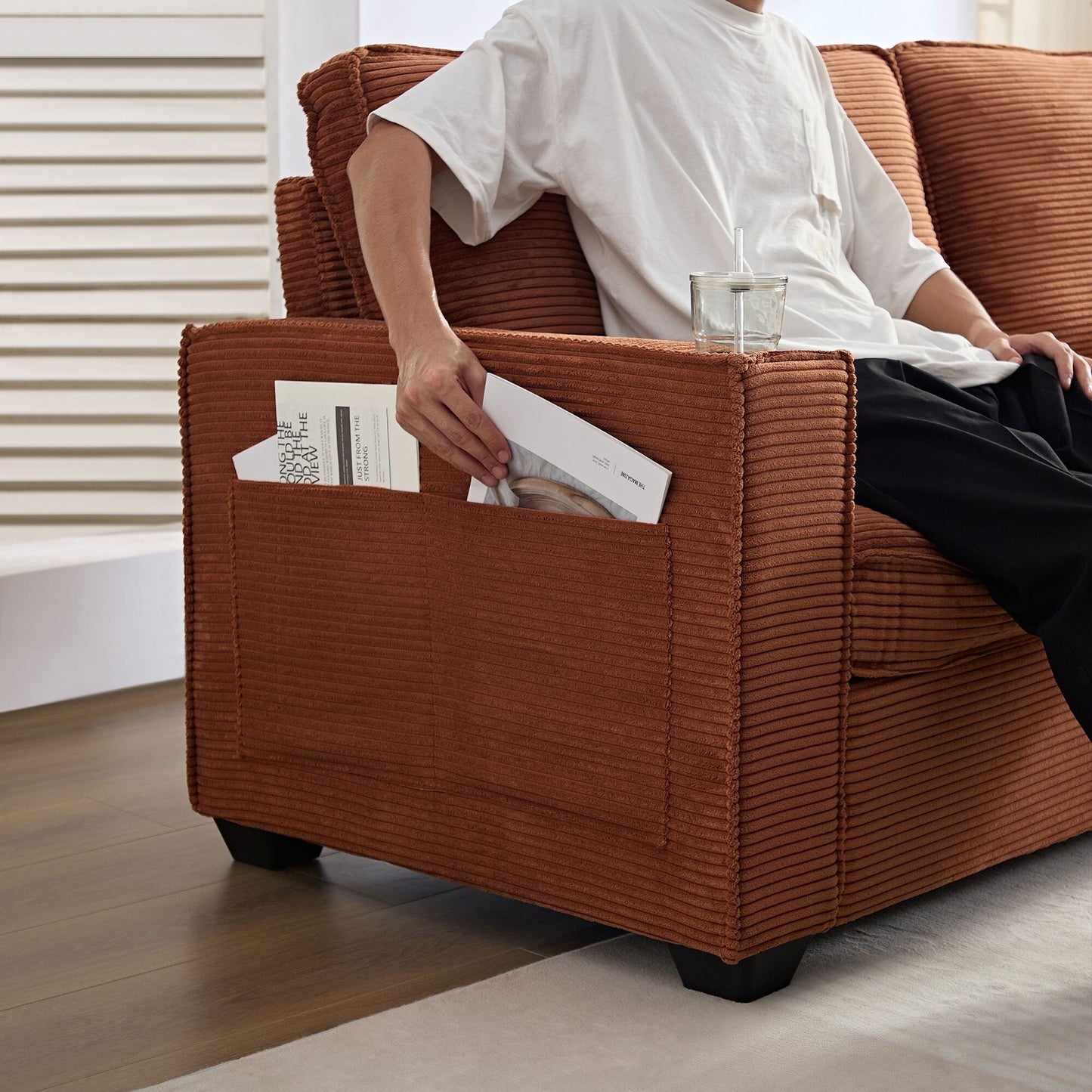 Corduroy 3-seater Sofa with Cup Holder and Storage