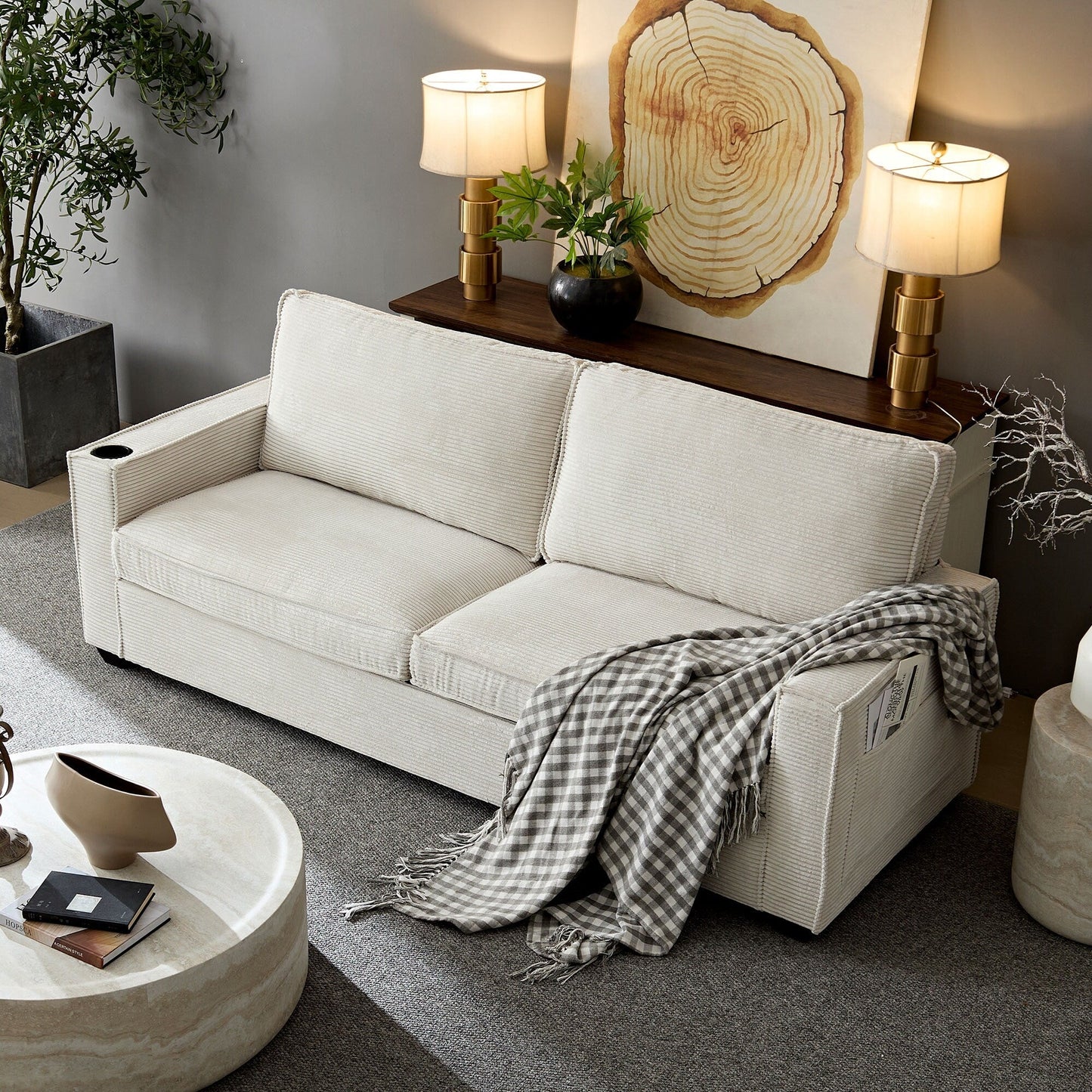 Corduroy 3-seater Sofa with Cup Holder and Storage