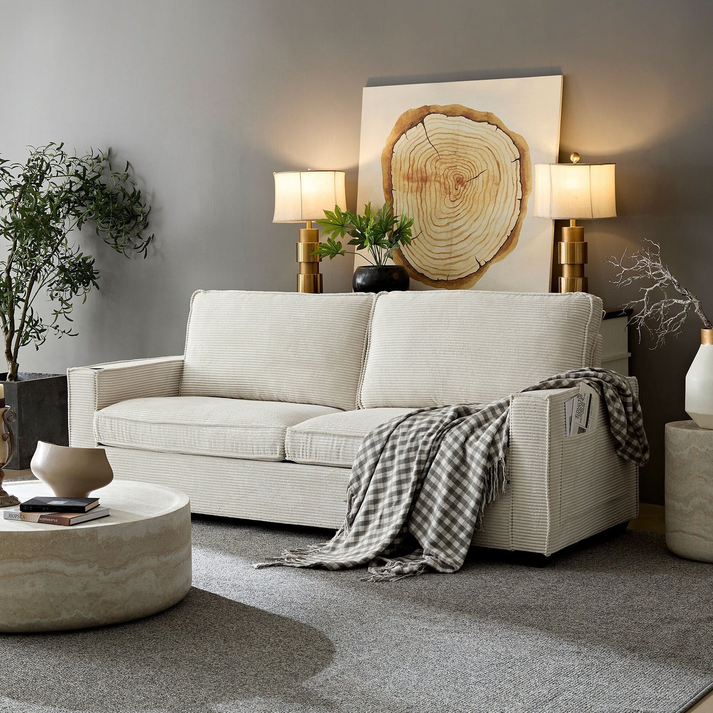 Corduroy 3-seater Sofa with Cup Holder and Storage
