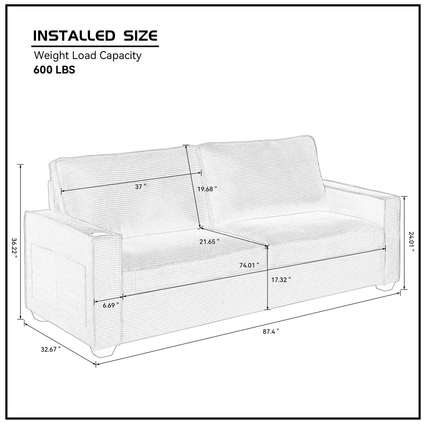 Corduroy 3-seater Sofa with Cup Holder and Storage