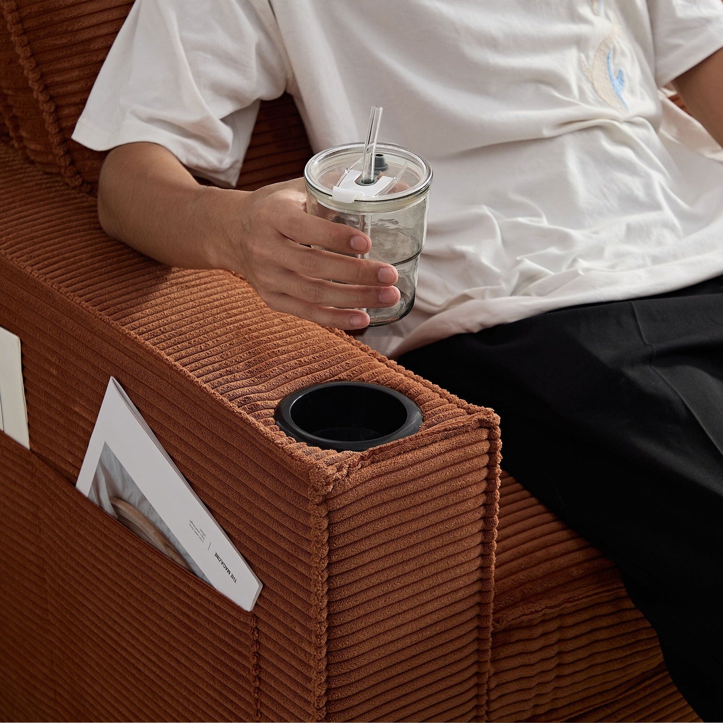 Corduroy 3-seater Sofa with Cup Holder and Storage