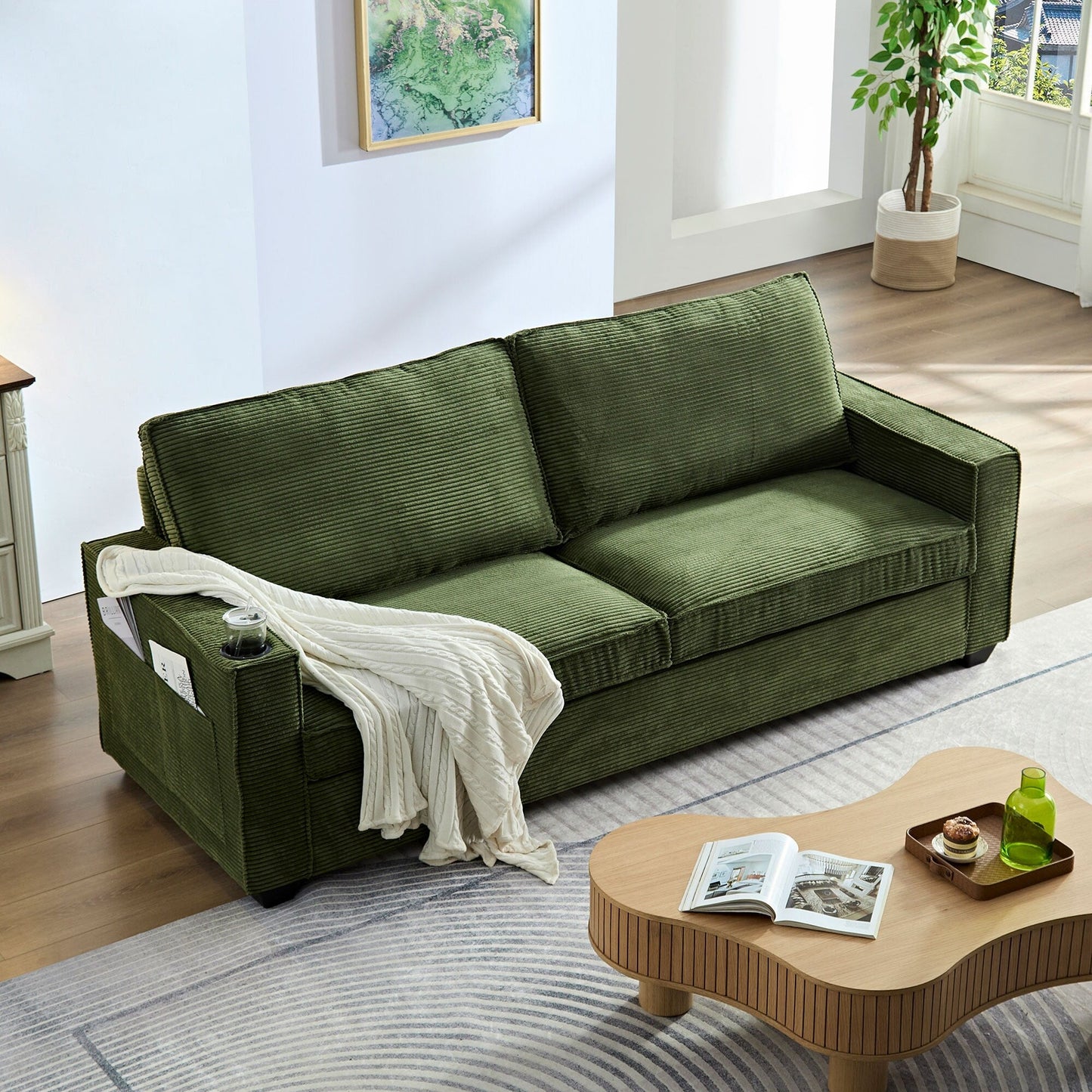 Corduroy 3-seater Sofa with Cup Holder and Storage